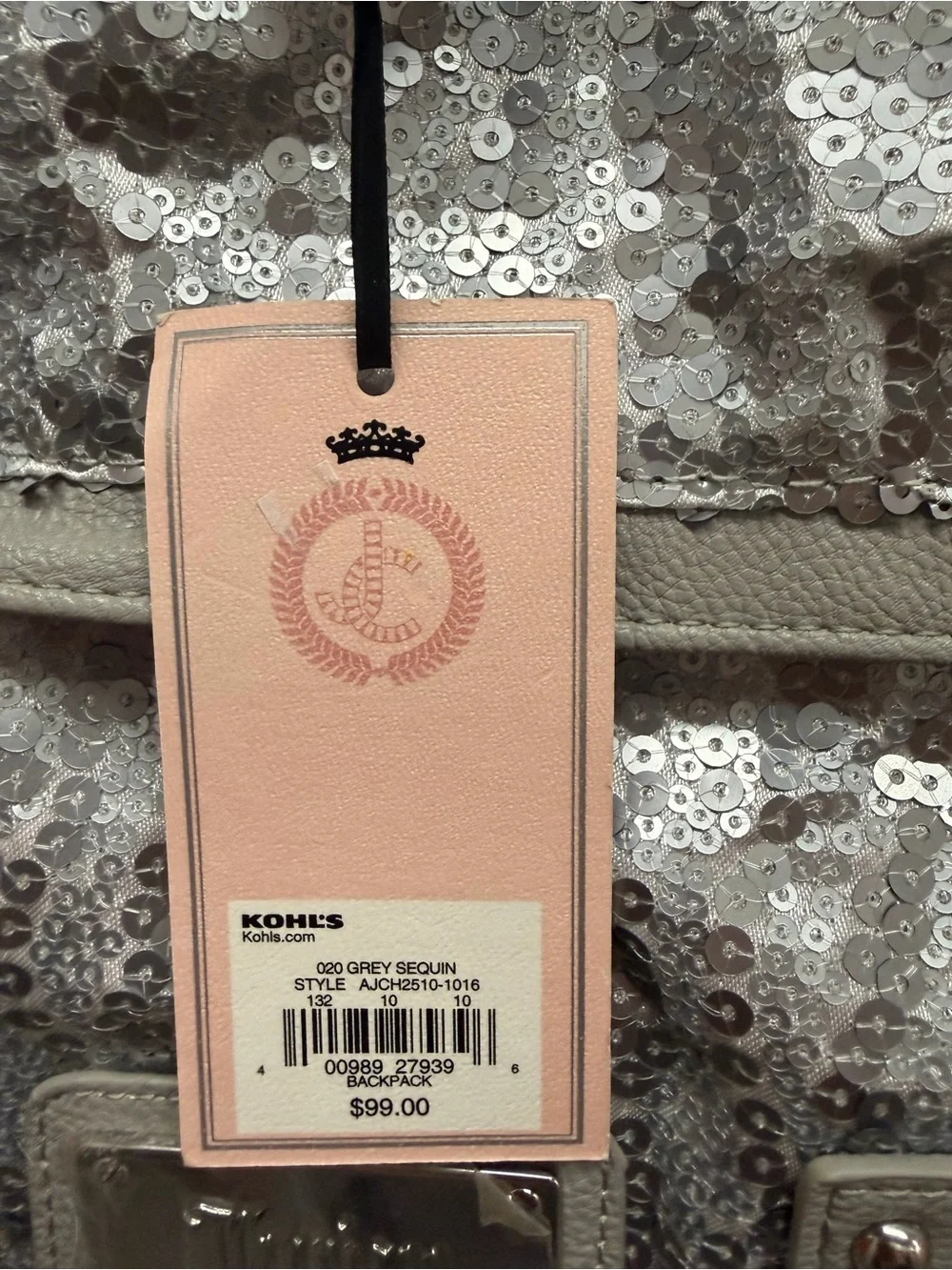 NWT Juicy Couture Silver Sequin Backpack with Buckle Details
